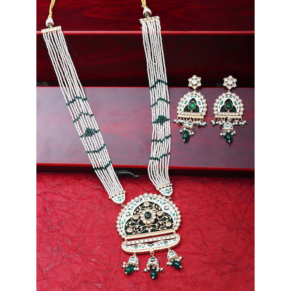 Akulya Jewels Emerald Green and White Kundan and Minakari Long Necklace (Set of 2)