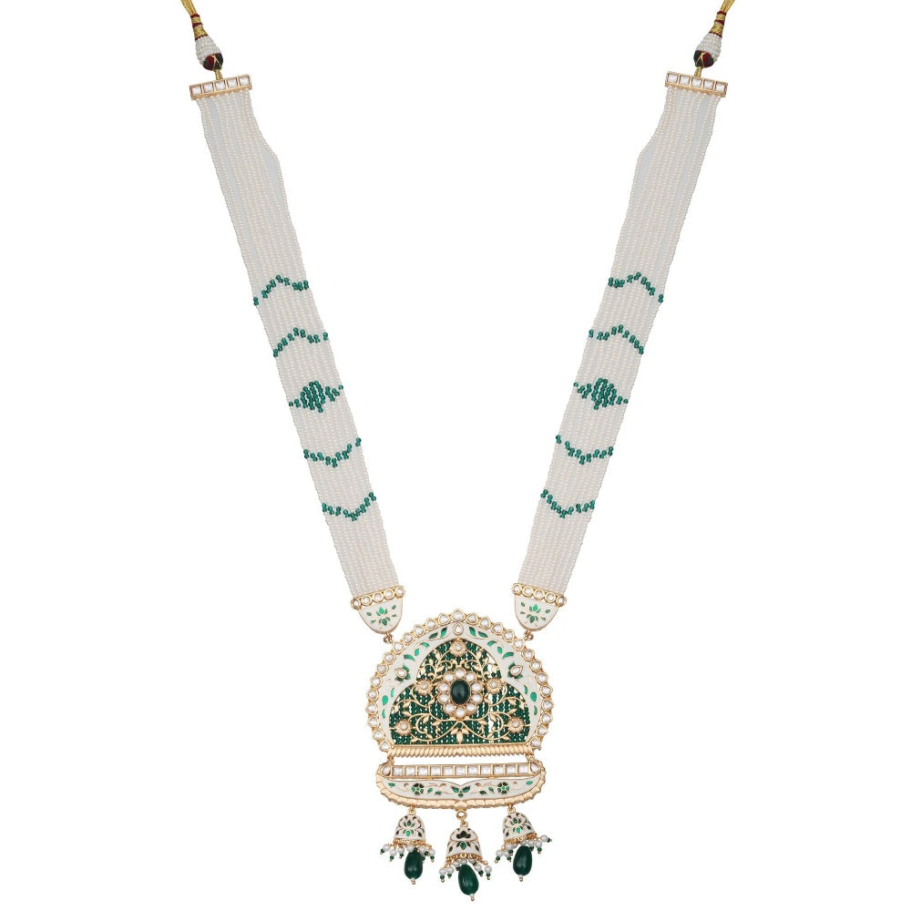 Akulya Jewels Emerald Green and White Kundan and Minakari Long Necklace (Set of 2)