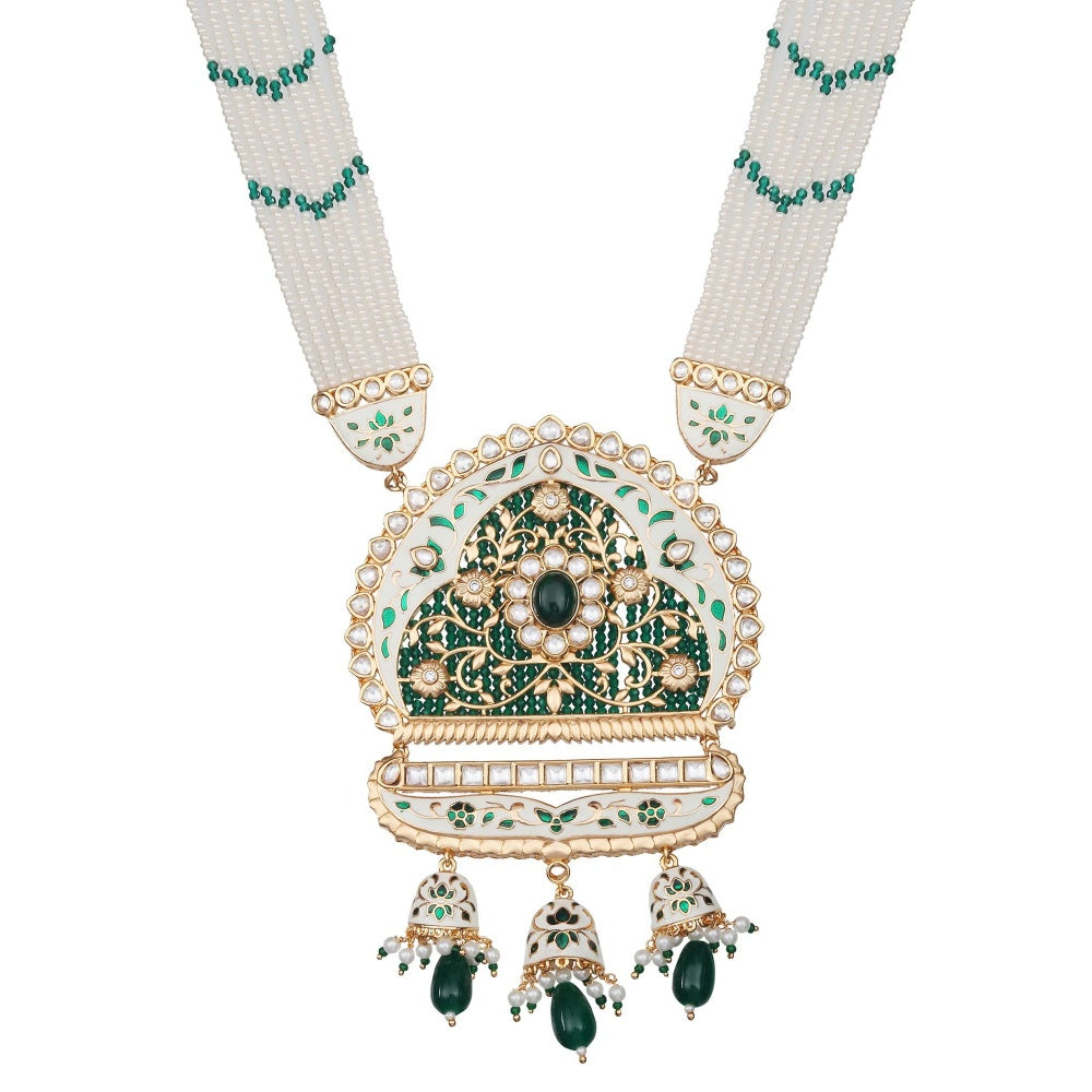 Akulya Jewels Emerald Green and White Kundan and Minakari Long Necklace (Set of 2)