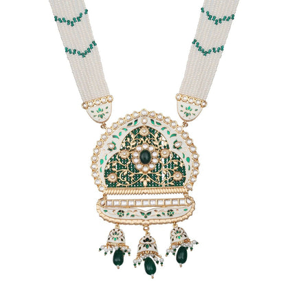 Akulya Jewels Emerald Green and White Kundan and Minakari Long Necklace (Set of 2)