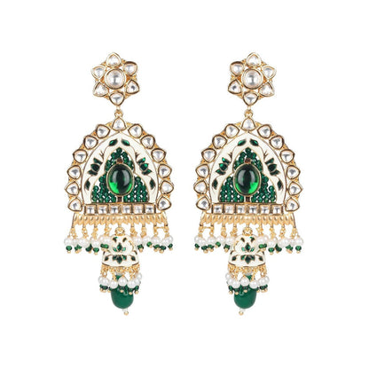Akulya Jewels Emerald Green and White Kundan and Minakari Long Necklace (Set of 2)