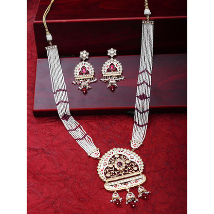 Akulya Jewels Ruby Red and White Kundan and Minakari Long Necklace (Set of 2)