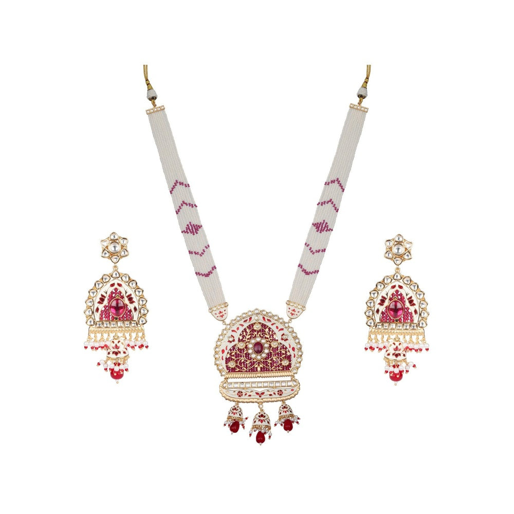Akulya Jewels Ruby Red and White Kundan and Minakari Long Necklace (Set of 2)