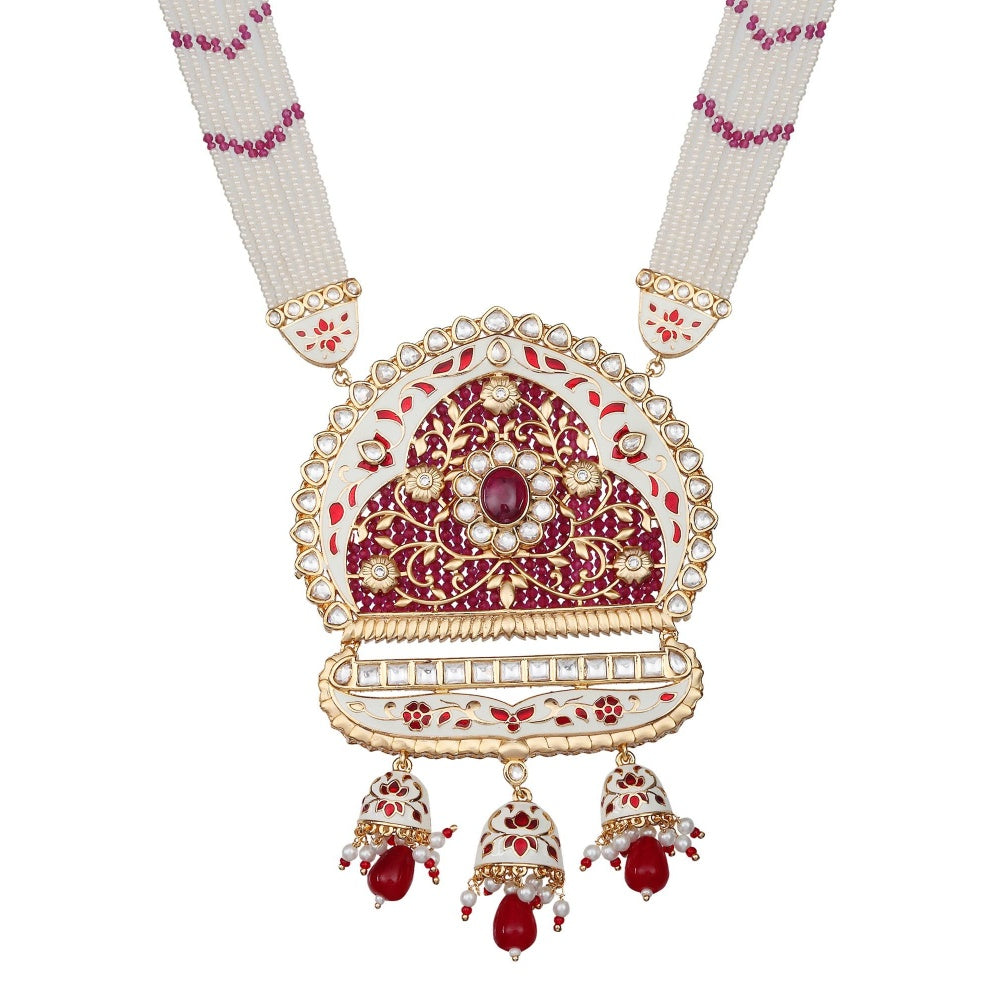 Akulya Jewels Ruby Red and White Kundan and Minakari Long Necklace (Set of 2)
