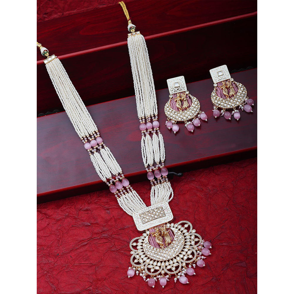 Akulya Jewels Blush Pink Kundan and Minakari Radha Krishna Long Necklace (Set of 2)