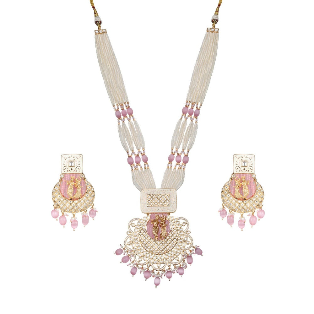 Akulya Jewels Blush Pink Kundan and Minakari Radha Krishna Long Necklace (Set of 2)