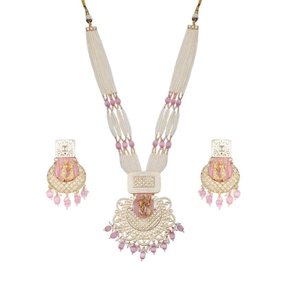 Akulya Jewels Blush Pink Kundan and Minakari Radha Krishna Long Necklace (Set of 2)