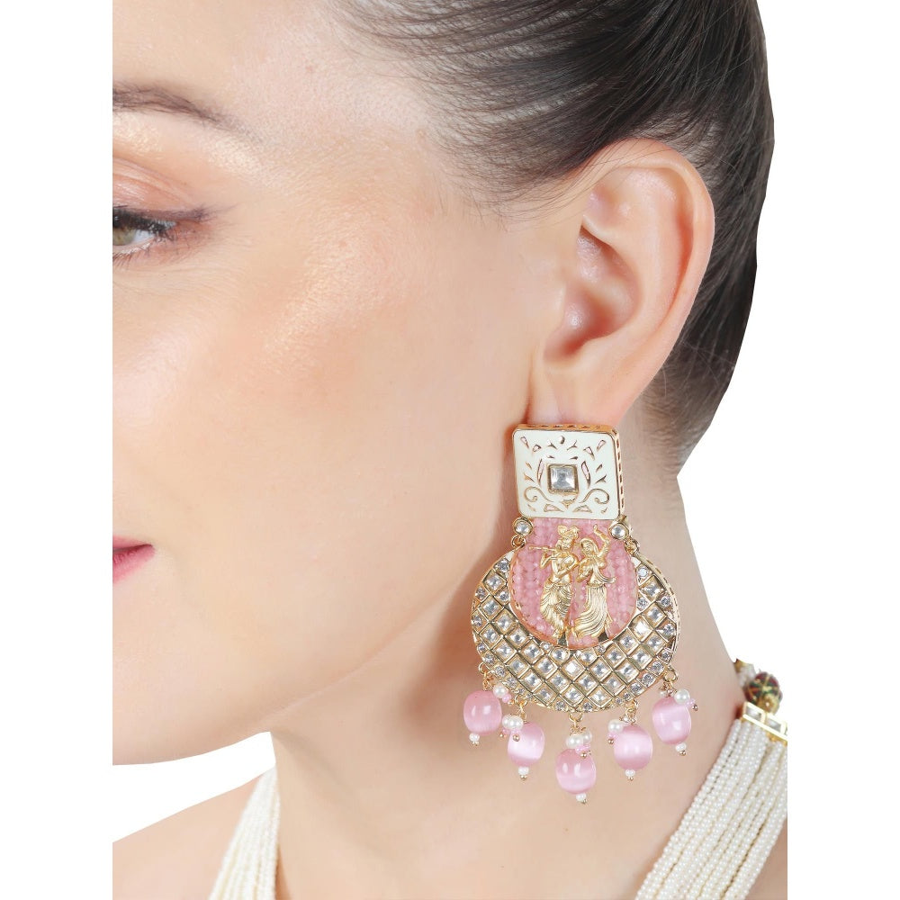 Akulya Jewels Blush Pink Kundan and Minakari Radha Krishna Long Necklace (Set of 2)
