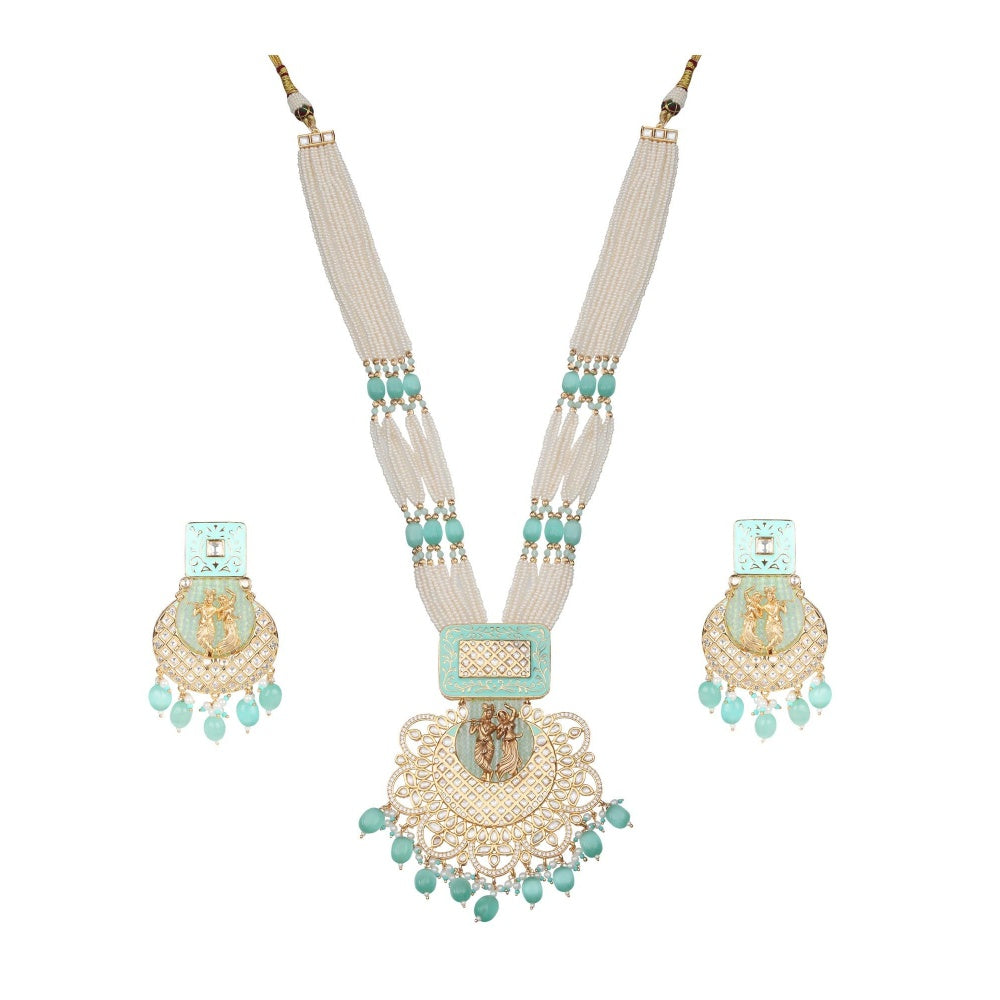 Akulya Jewels Mint Green Kundan and Minakari Radha Krishna Long Necklace (Set of 2)