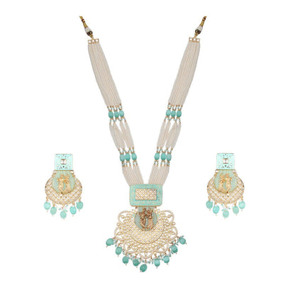 Akulya Jewels Mint Green Kundan and Minakari Radha Krishna Long Necklace (Set of 2)