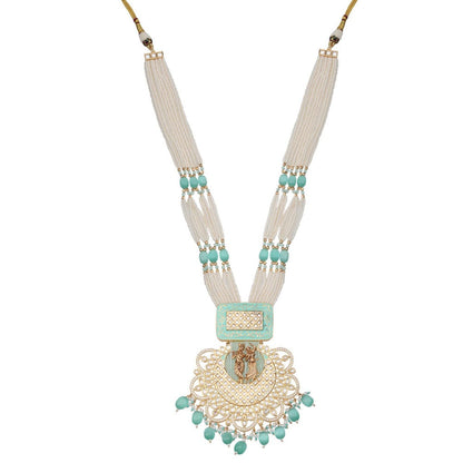 Akulya Jewels Mint Green Kundan and Minakari Radha Krishna Long Necklace (Set of 2)