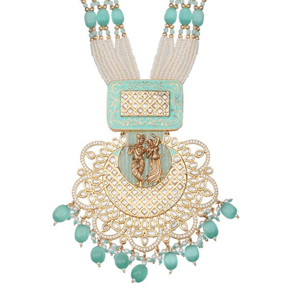 Akulya Jewels Mint Green Kundan and Minakari Radha Krishna Long Necklace (Set of 2)