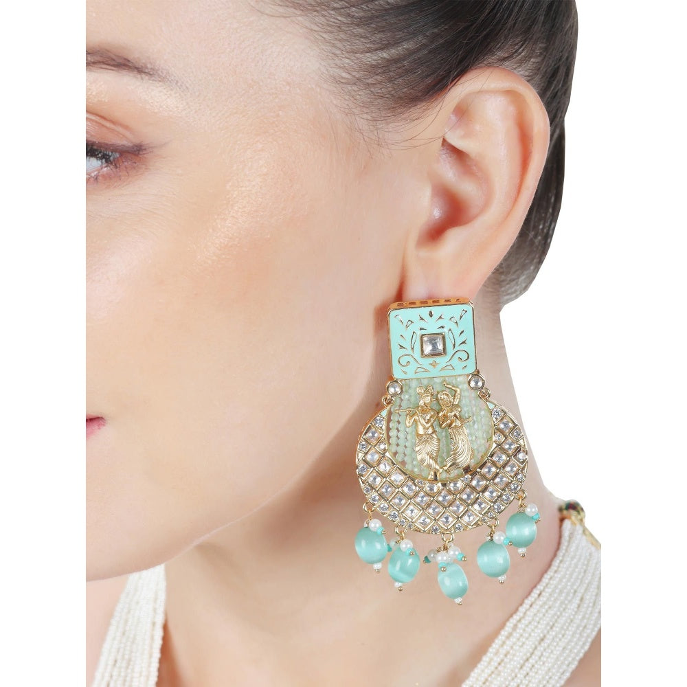 Akulya Jewels Mint Green Kundan and Minakari Radha Krishna Long Necklace (Set of 2)