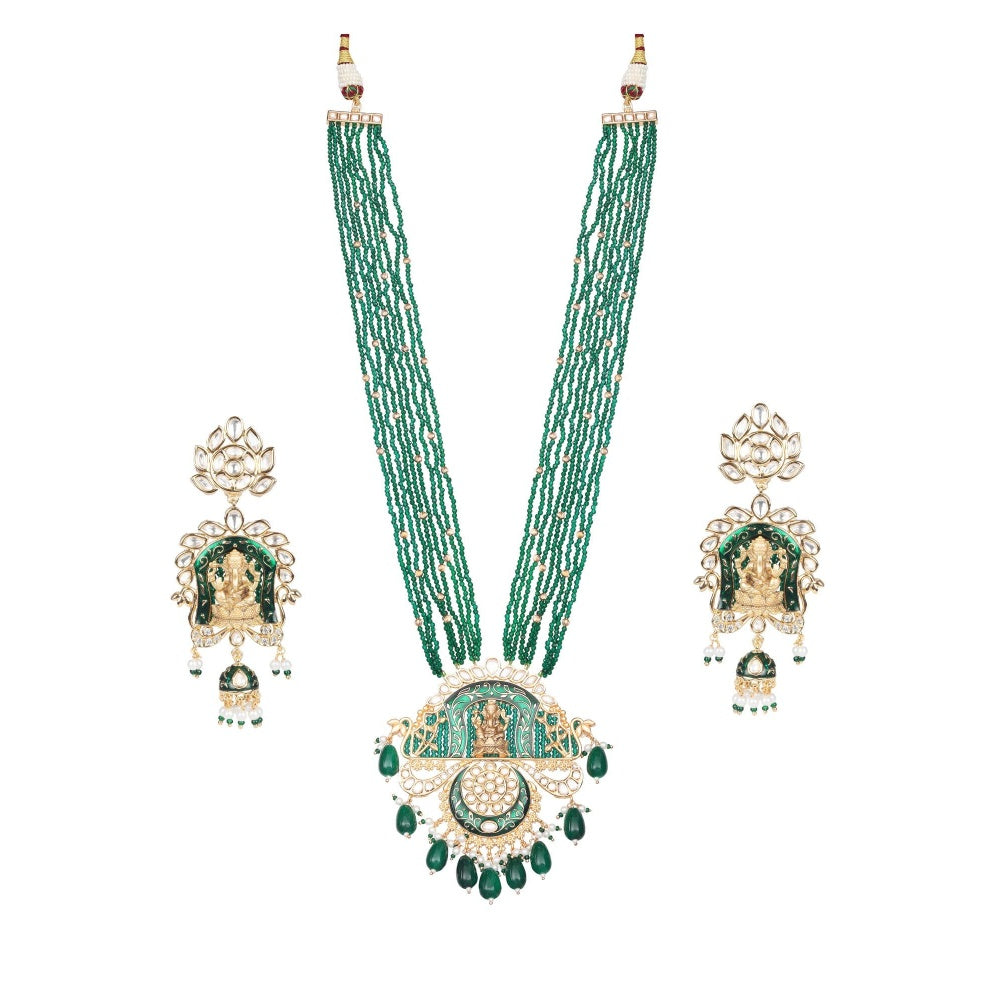 Akulya Jewels Lord Ganesha Kundan and Minakari Long Necklace with Beads (Set of 2)