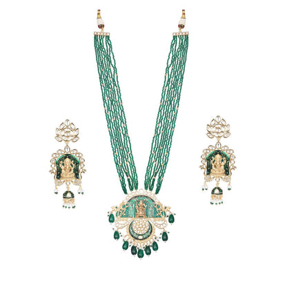 Akulya Jewels Lord Ganesha Kundan and Minakari Long Necklace with Beads (Set of 2)