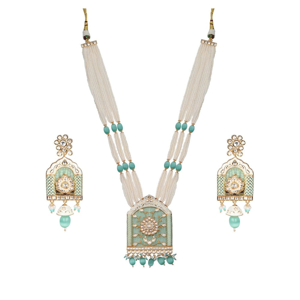 Akulya Jewels Jharoka Shaped Kundan and Mint Green Minakari Long Necklace (Set of 2)