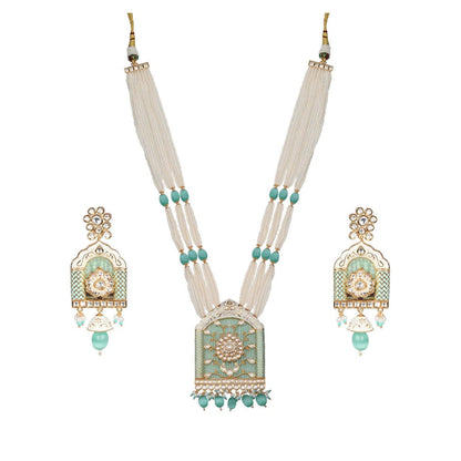 Akulya Jewels Jharoka Shaped Kundan and Mint Green Minakari Long Necklace (Set of 2)