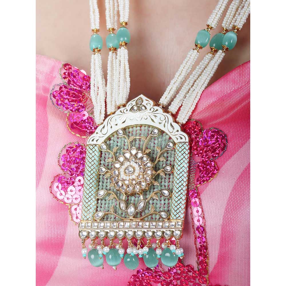 Akulya Jewels Jharoka Shaped Kundan and Mint Green Minakari Long Necklace (Set of 2)