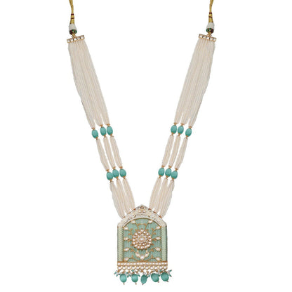 Akulya Jewels Jharoka Shaped Kundan and Mint Green Minakari Long Necklace (Set of 2)