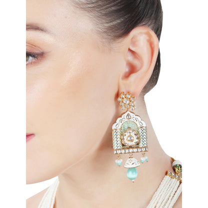 Akulya Jewels Jharoka Shaped Kundan and Mint Green Minakari Long Necklace (Set of 2)