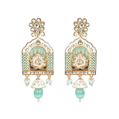 Akulya Jewels Jharoka Shaped Kundan and Mint Green Minakari Long Necklace (Set of 2)