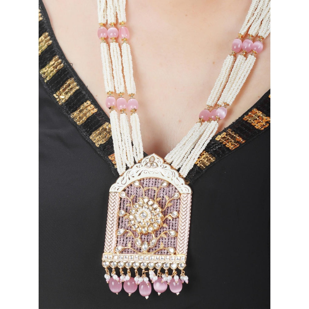 Akulya Jewels Jharoka Shaped Kundan and Pink Minakari Long Necklace (Set of 2)