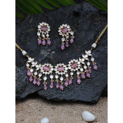 Akulya Jewels Kundan Necklace with Pink Colored Stones (Set of 2)