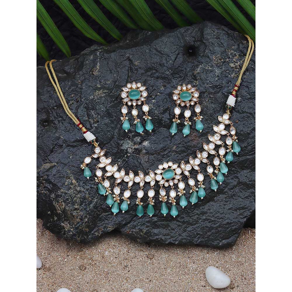 Akulya Jewels Kundan Necklace with Teal Colored Stones (Set of 2)