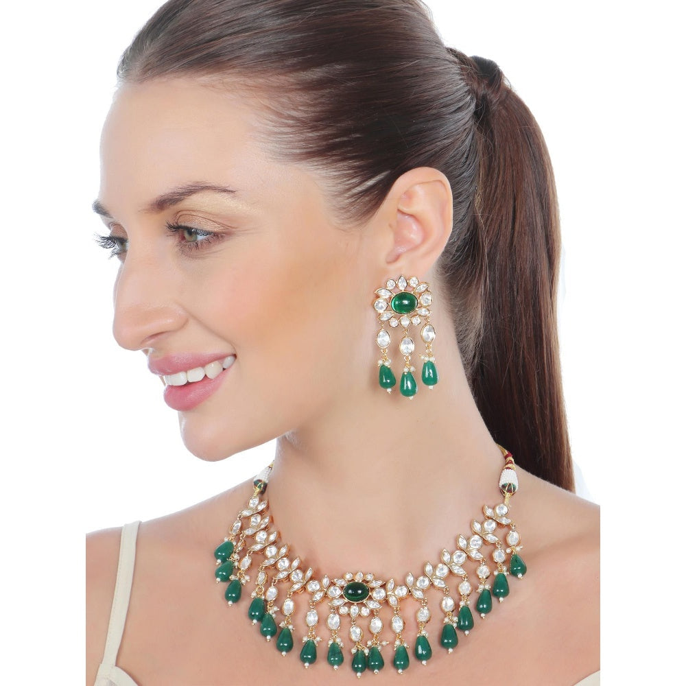Akulya Jewels Kundan Necklace with Emerald Green Stones (Set of 2)