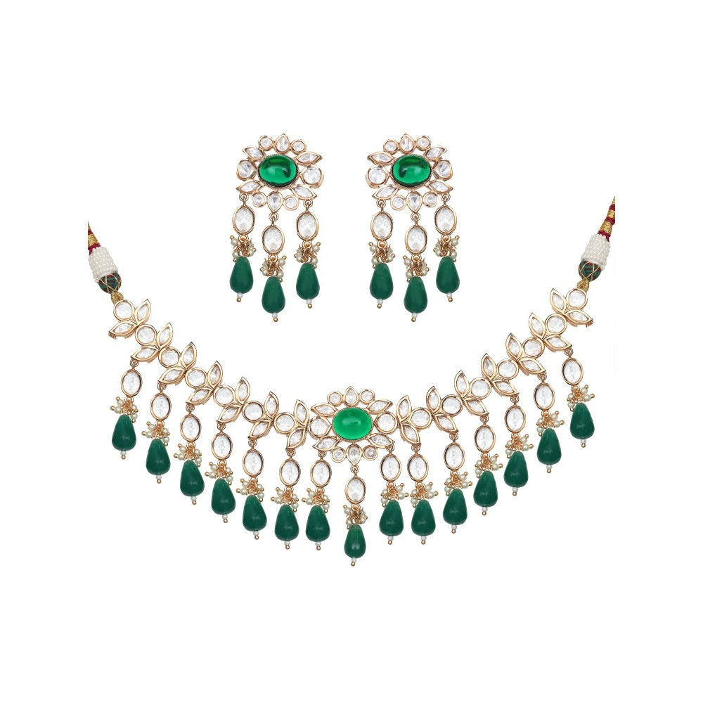 Akulya Jewels Kundan Necklace with Emerald Green Stones (Set of 2)