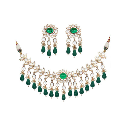 Akulya Jewels Kundan Necklace with Emerald Green Stones (Set of 2)