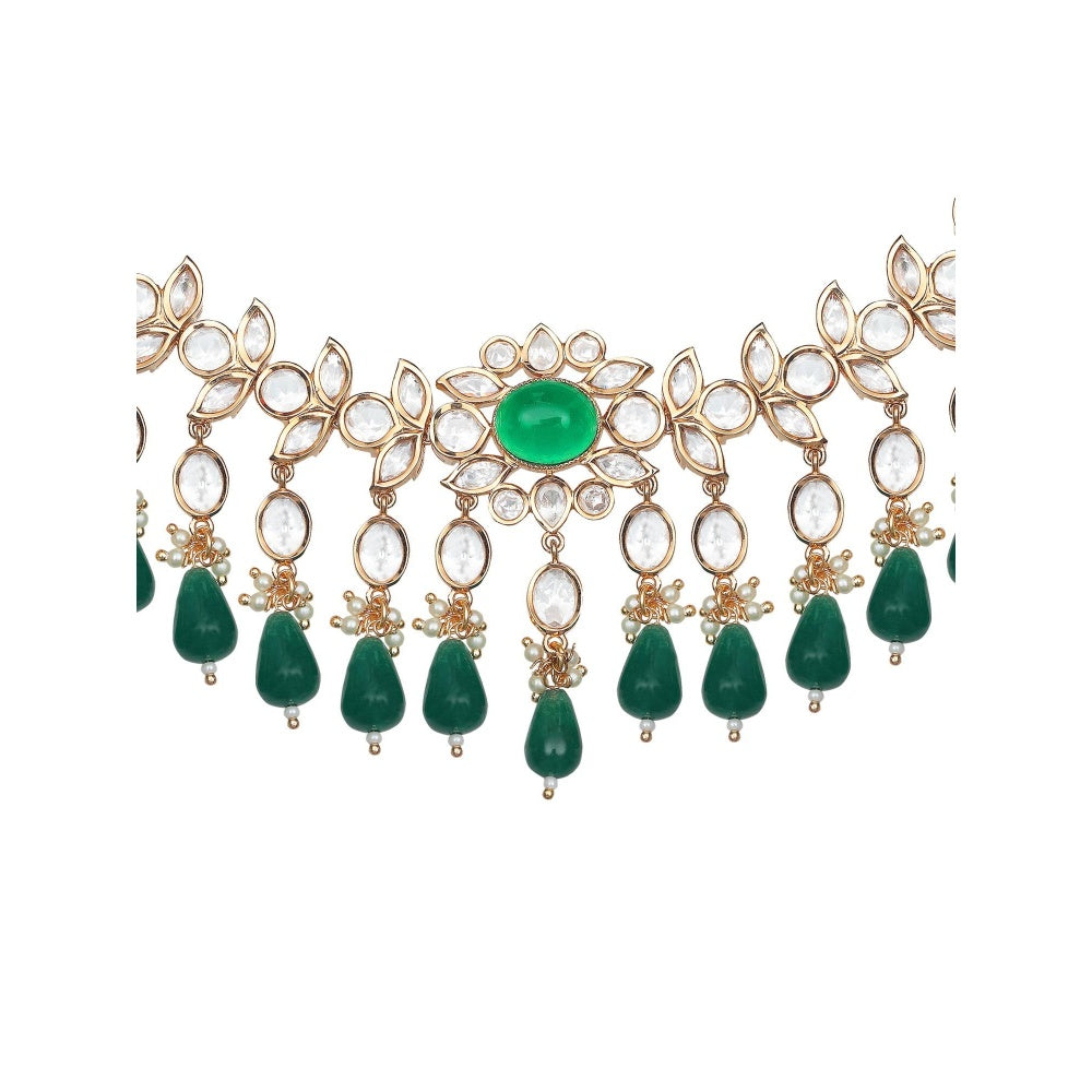Akulya Jewels Kundan Necklace with Emerald Green Stones (Set of 2)
