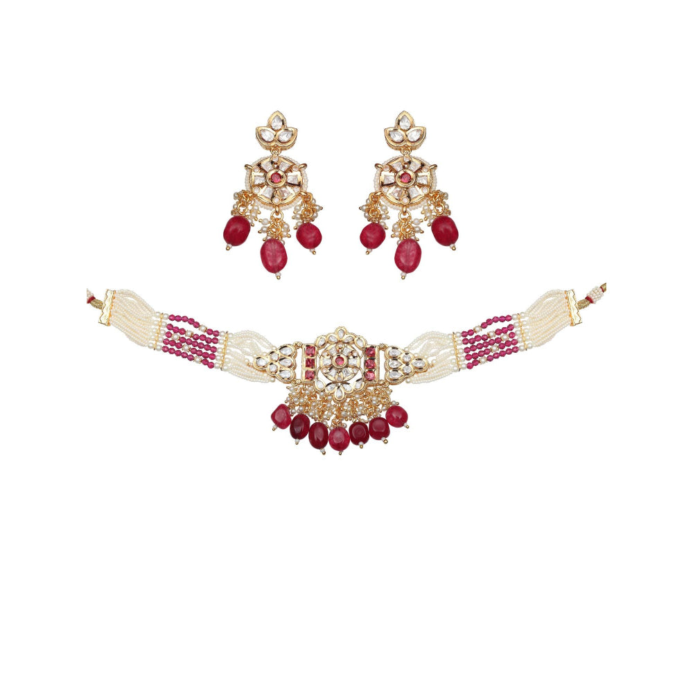 Akulya Jewels Kundan Choker with Red and White Beads (Set of 2)
