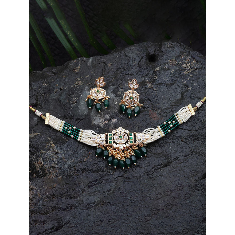 Akulya Jewels Kundan Choker with Green and White Beads (Set of 2)