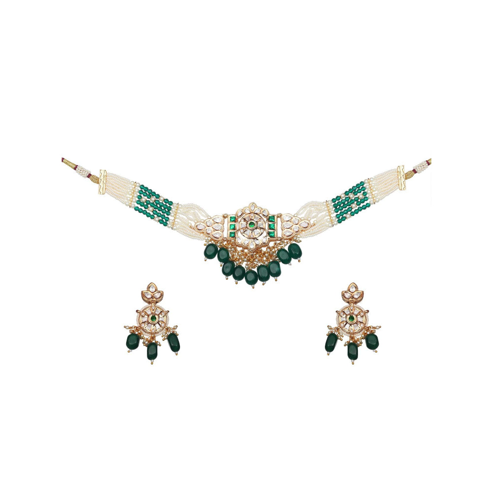 Akulya Jewels Kundan Choker with Green and White Beads (Set of 2)