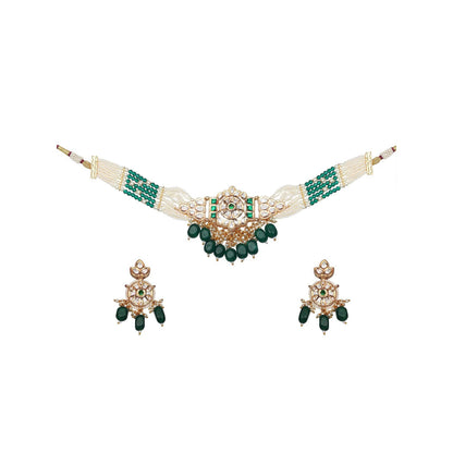 Akulya Jewels Kundan Choker with Green and White Beads (Set of 2)
