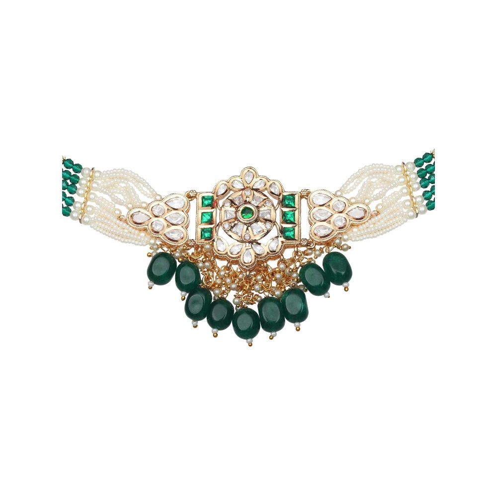 Akulya Jewels Kundan Choker with Green and White Beads (Set of 2)
