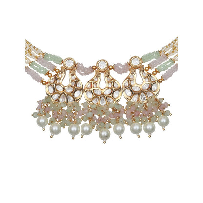 Akulya Jewels Kundan Chokar with Delicate White- Mint and Blush Pink Beads (Set of 2)
