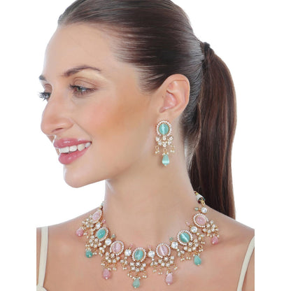 Akulya Jewels Blush Pink and Mint Kundan Necklace (Set of 2)