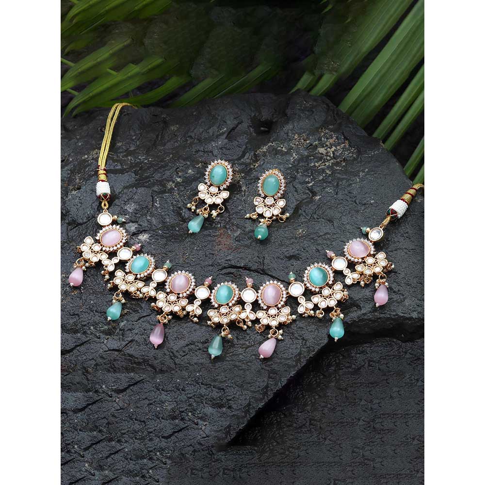 Akulya Jewels Blush Pink and Mint Kundan Necklace (Set of 2)