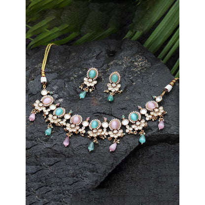 Akulya Jewels Blush Pink and Mint Kundan Necklace (Set of 2)
