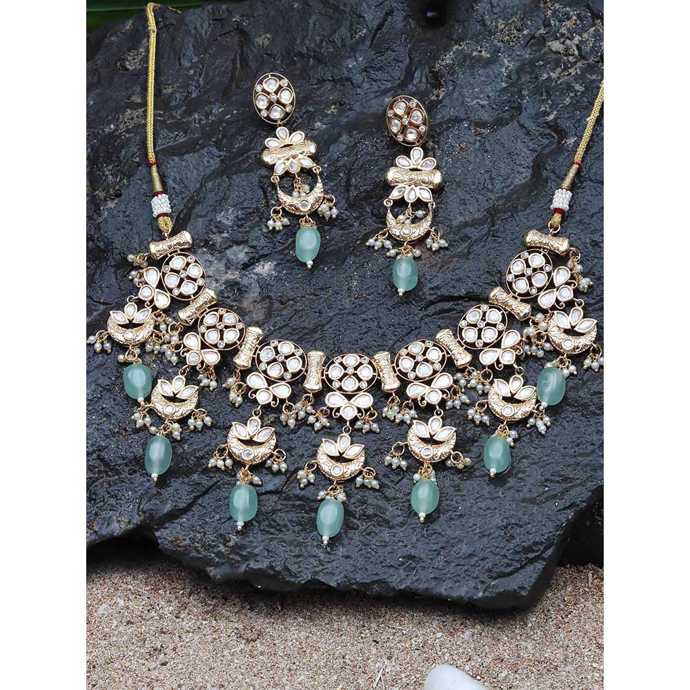 Akulya Jewels Kundan Necklace with Mint Green Beads (Set of 2)