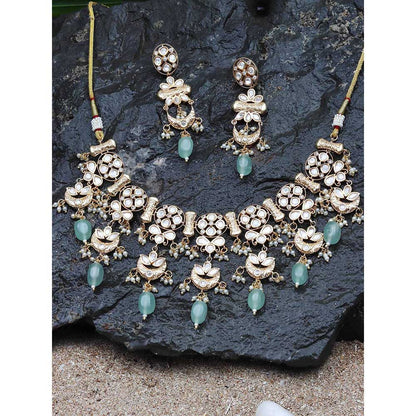 Akulya Jewels Kundan Necklace with Mint Green Beads (Set of 2)