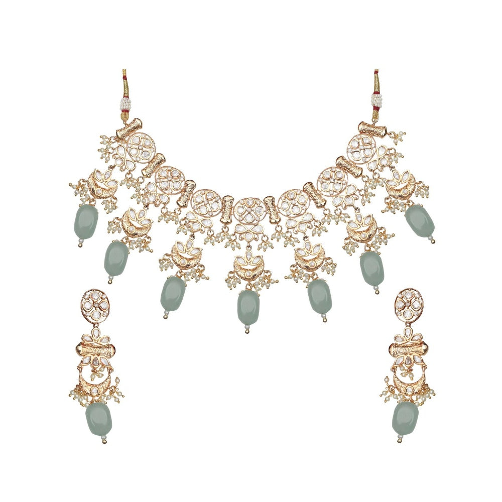 Akulya Jewels Kundan Necklace with Mint Green Beads (Set of 2)