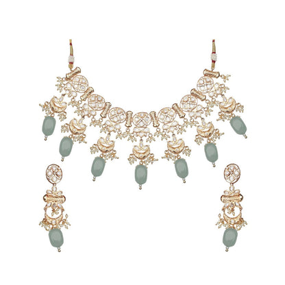 Akulya Jewels Kundan Necklace with Mint Green Beads (Set of 2)