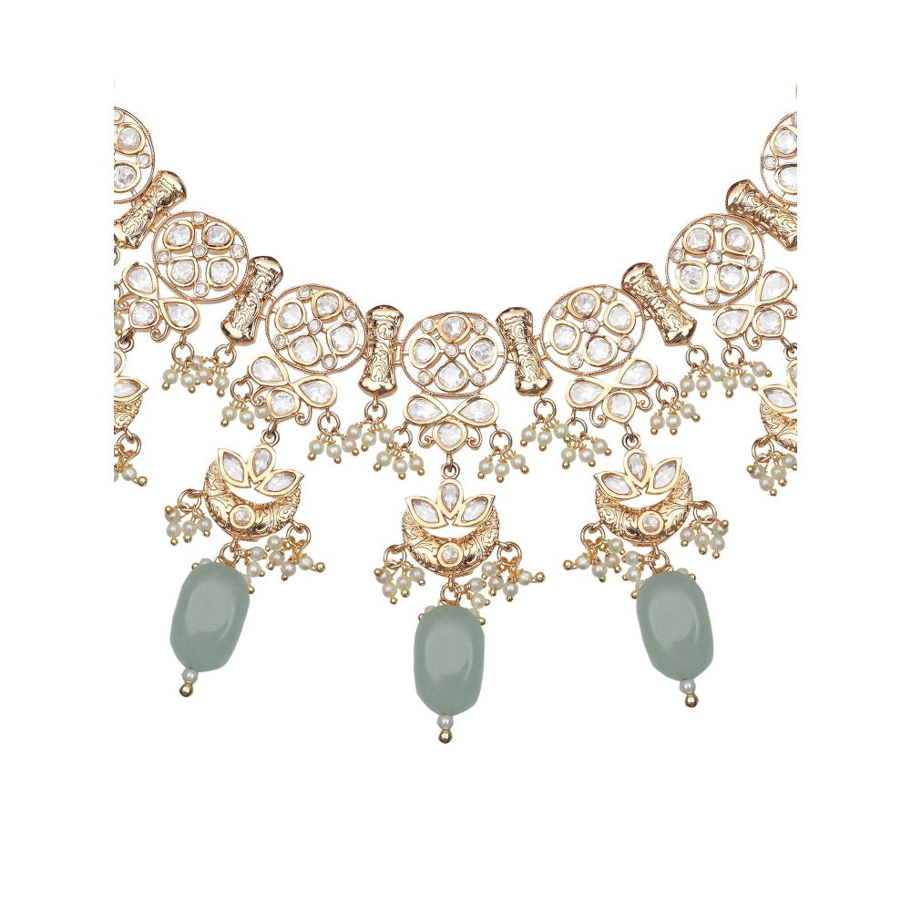 Akulya Jewels Kundan Necklace with Mint Green Beads (Set of 2)