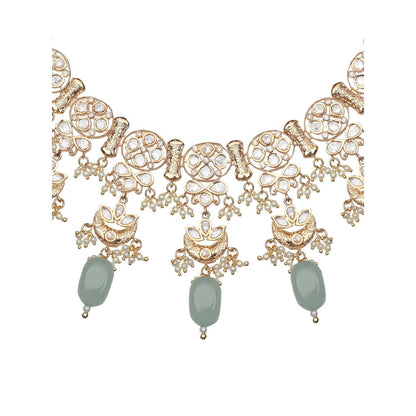 Akulya Jewels Kundan Necklace with Mint Green Beads (Set of 2)