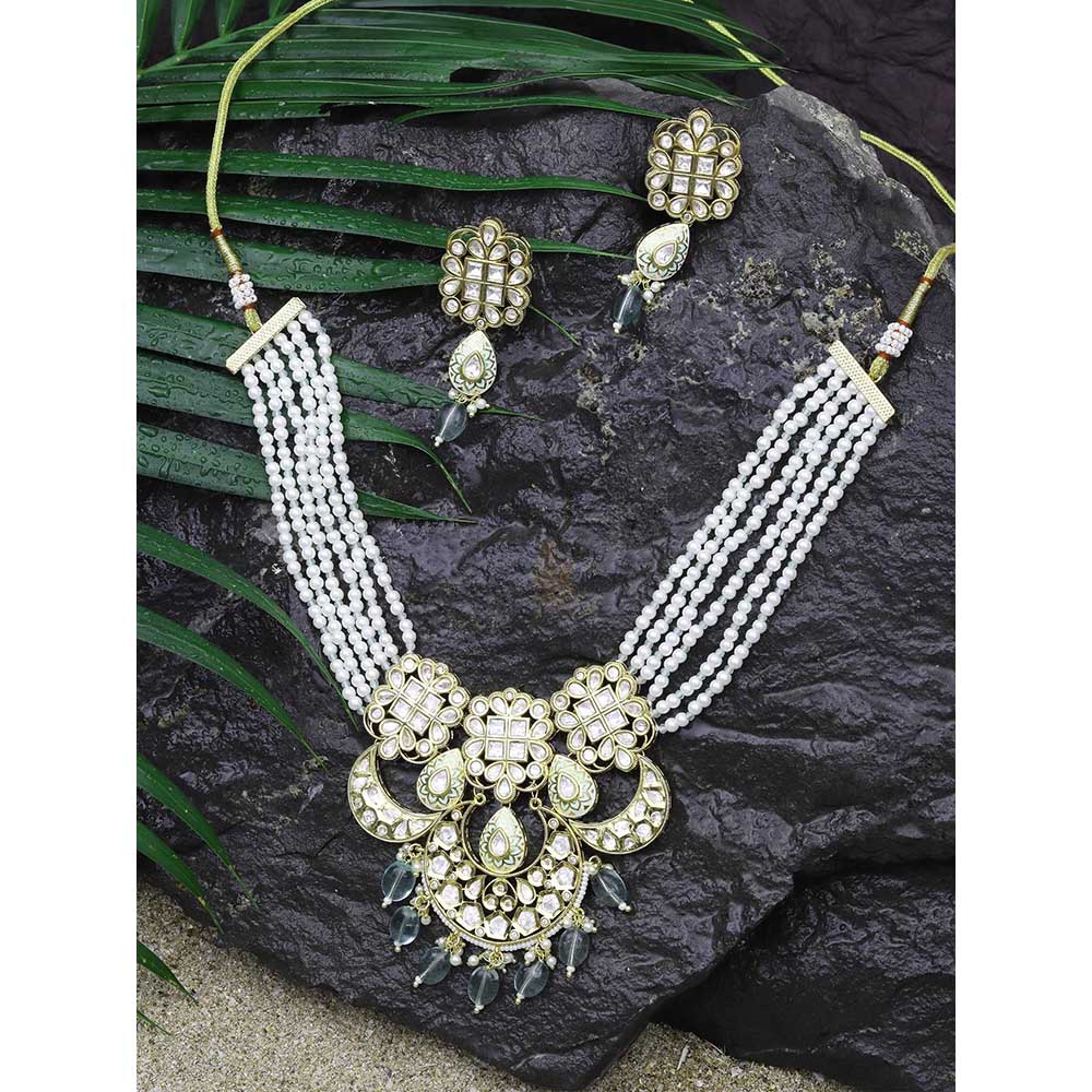 Akulya Jewels Mint Green Kundan Polki Necklace (Set of 2)