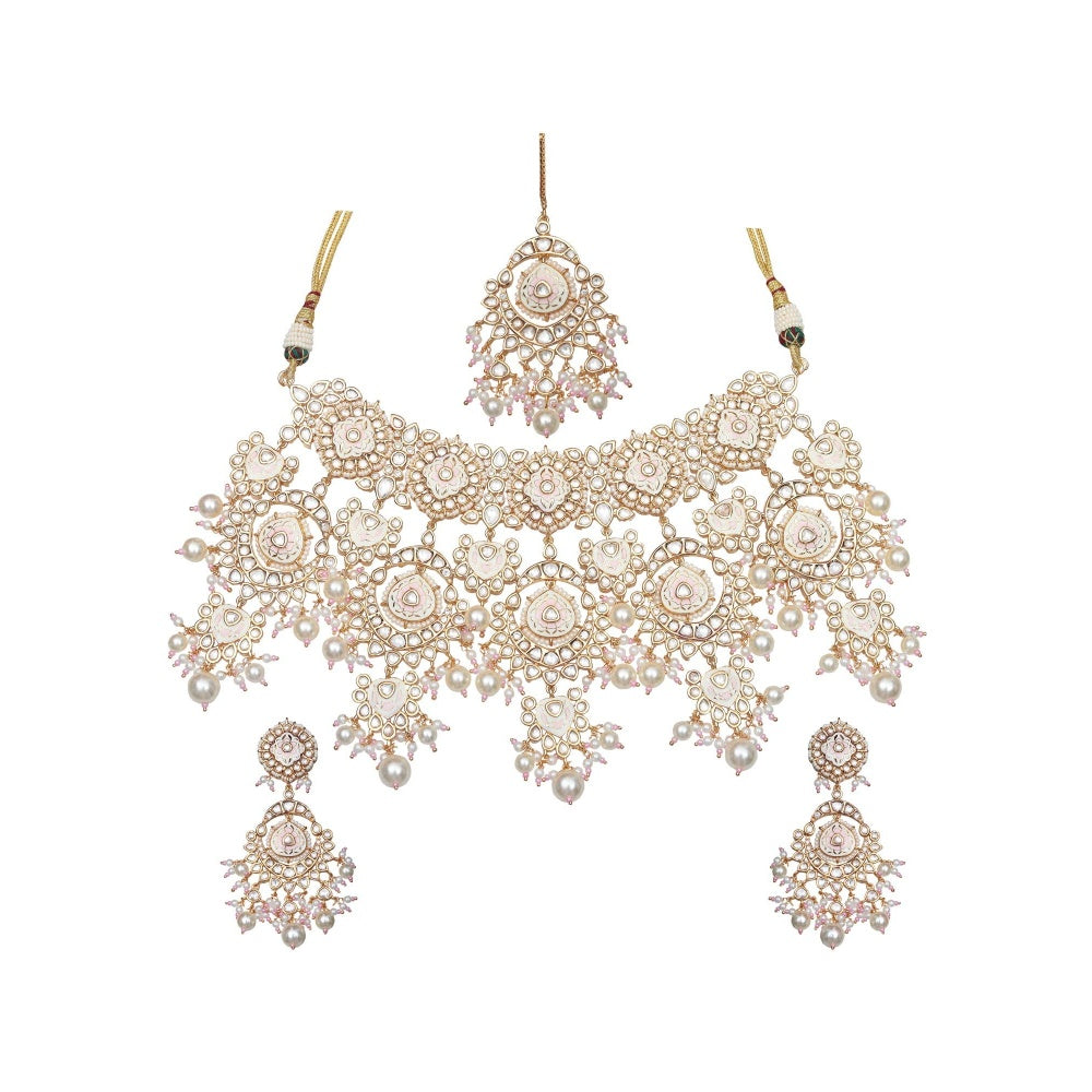 Akulya Jewels White Bridal Minakari Kundan Choker (Set of 3)