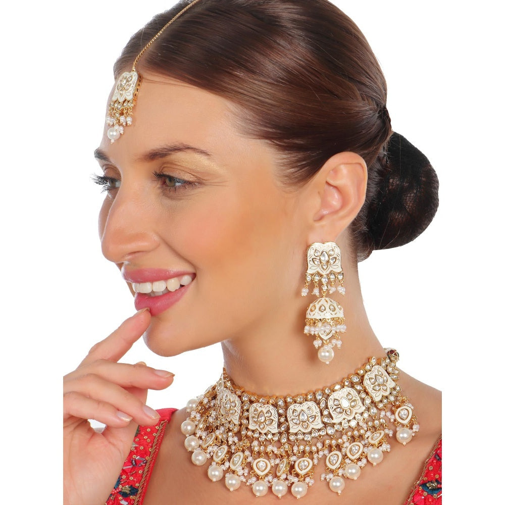 Akulya Jewels White Minakari Kundan Choker (Set of 3)